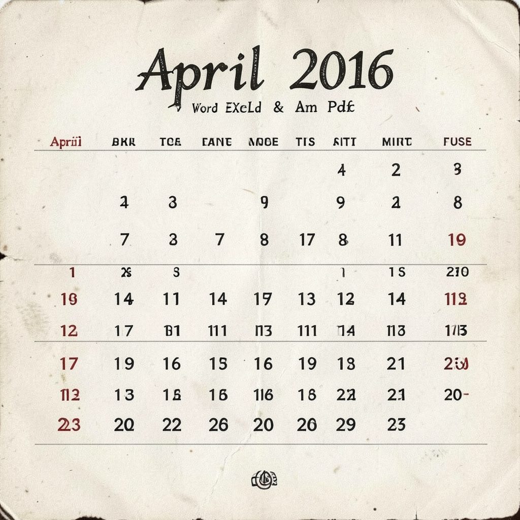 April 2016 monthly calendar page with clean grid layout, soft pastel accents, and ample white space
